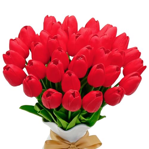 36 Pcs Tulips Artificial Flowers, 13 Inches Real Touch PU Fake Tulips for Wedding Bouquets, Home Decor - color: Red