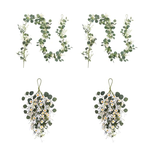 Pinkpum 20'' Eucalyptus Wreath 22'' Daisy Teardrop Swags Set 4 for Front Door Fireplace Hanging Porch Wall Home Window Kitchen Decor Farmhouse Garden Party Indoor Outdoor Summer Spring Fall - color: White Set 3, size: 20''
