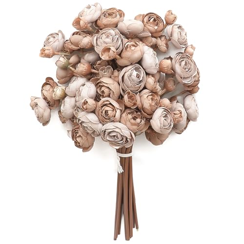 Floroom Ranunculus Artificial Flowers 18 Pcs Taupe Brown Faux Silk Mini Ranunculus Bulk Fake Wedding Filler Flowers for DIY Bouquets, Centerpieces, Bridal Shower Decorations & Arrangements - color: Taupe Brown