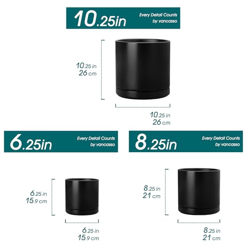 vancasso Ceramic Planters, Plant Pots for Indoor Plants, 6.25+8.25+10.25 Inch Ceramic Pots for Plants, Flower Pots with Drainage Holes (Black, 6.25+8.25+10.25 Inch) - color: Black, size: 6.25 + 8.25 + 10.25 Inch