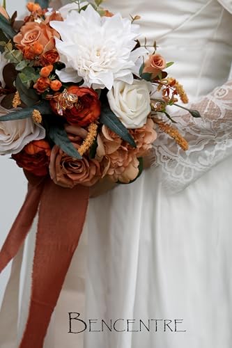 10 Inch Burnt Orange Bridal Bouquet,Fall Wedding Bouquet,Bride Bouquets for Wedding Ceremony Anniversary, Party and French Rustic Vintage Wedding,Artificial Flowers - color: Burnt Orange
