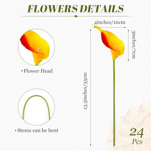 24 Pcs Orange Artificial Calla Lily Flowers Fake Orange Silk Flowers Real Touch for Wedding Bouquet Office Home Kitchen Decor - color: Red-yellow