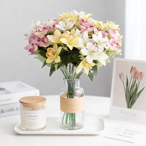 Coreland 12pcs Artificial Flowers Faux Cattleya Flower Bouquet for Vase Table Decorations Silk Flowers for Home Decor DIY Party Wedding Centerpieces Indoor Outdoor Arrangements (Vase not Included) - color: A Mix - 12 Pcs