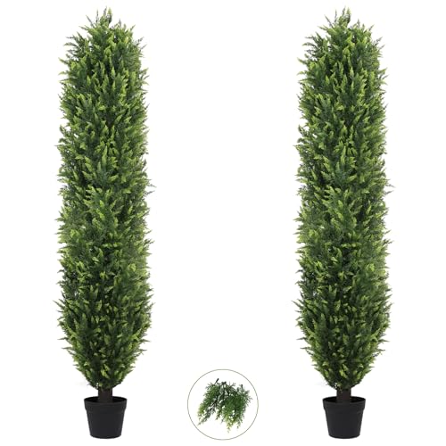 THE BLOOM TIMES 6FT Tall Artificial Cedar Topiary Trees Set of 2, UV Resistant Large Faux Cypress Evergreen Plants for Outdoor Planters, Realistic Fake Bushes & Shrubs for Front Porch Christmas Decor - color: Lush Cypress Trees, size: 6 Foot