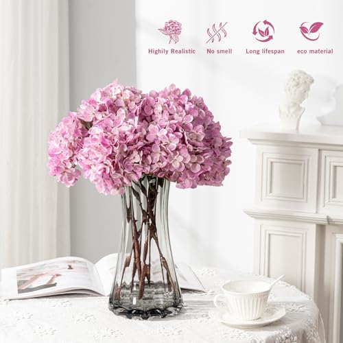 Artificial Flower Fake Silk Hydrangea Heads Bouquet with Stems Bulk for Fall Decoration Table Center Christmas Indoor Outdoor Faux Floral Realistic with Leaves Plants Crafts 8PCS(Pink) - color: Pink