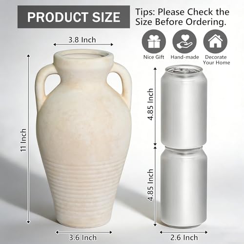 Ceramic Flower Vase with Handles, 11 Inch Farmhouse Rustic Vase, Decorative Pottery Terracotta Tall Vases for Home Decor, Living Room, Centerpiece, Shelf, Mantle Fireplace - color: 11"h-off-white