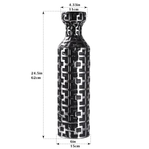 24.4 Inch Tall Floor Vase - Ceramics Black Vases with Silver Geometric Patterns, Large Cylinder Vases, Modern Home Decor for Living Room, Entryway, or Indoor Spaces - color: Black With Silver