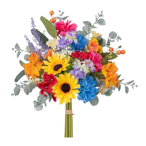 WELL KNOWN Artificial Flowers Bouquet, Colorful Spring Fake Flowers for Vase, Silk Faux Flowers DIY Table Centerpieces for Wedding Dining Room Kitchen Office Birthday Decor & Gift (Rainbow Sunflower) - color: Rainbow Colorful Sunflowers