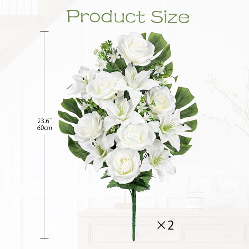 Briful 2 Set Artificial Cemetery Flowers for Grave, Silk Sympathy Grave Flowers Bouquet Fake Roses Lily Floral Arrangement for Outdoor Funeral Graveyard Headstones Vase Memorial Decor(White) - color: White