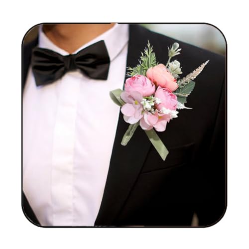 Bride Wedding Rose Boutonniere Men's Flower Buttonholes Groomsmans Prom Suit Decoration for Men (Pink) - color: Pink