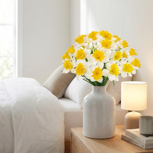 3 Bundles Daffodils Artificial Flowers, 15" Faux Daffodils with 21 Flower Heads, Real Touch Fake Spring Flower White & Yellow Decorative Flowers Bouquet for Home Wedding Centerpieces Vases Arrangement - color: White, size: 3 Bundles-15 Inch