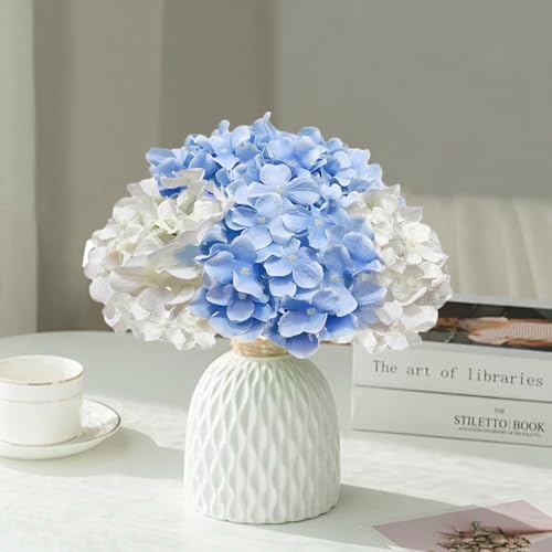 20 Pcs Blue and White Hydrangea Artificial Flowers Bulk, Faux Hydrangea Flowers Heads, Artificial Fake Silk Hydrangea Flowers with Stems, White Flowers Artificial for Decoration Wedding Décor - color: White Blue, size: 20 Pcs