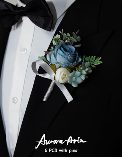 AuroraAria Dusty Blue Boutonniere for Men,Set of 6,Groom Boutonniere for Wedding,Anniversary,Homecoming,Formal Dinner Party,Wedding Decor,Artificial Dusty Blue Rose - color: Dusty Blue