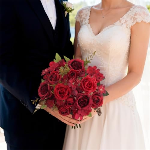 4 Pcs Mixed Artificial Peony Flowers Set-2 Bouquets & 2 Stems, Red Fake Peony Rose Hydrangea Flowers for Vase Silk Floral Arrangements for Table Centerpiece Wedding Party Bridal Decoration Home Decor - color: Red, size: Mixed 4pcs