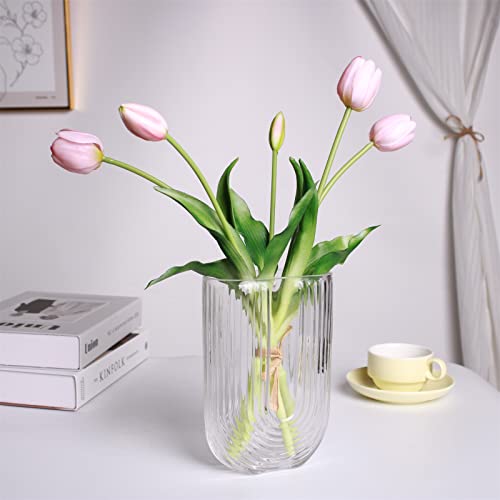 16-inch Premium Real Touch Fake Tulips, Artificial Flowers with Buds, Flexible Stem Easy to Shape, Faux Tulips (Vase not Included), 5-Pack Set of Piggy Pink - color: Piggy Pink