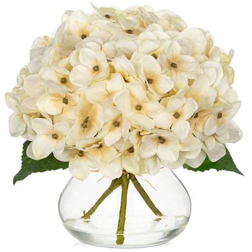 Hollyone Fall Hydrangea Artificial Flowers for Decoration with Glass Vase White Silk Fake Flower Arrangements with Faux Water Autumn Table Centerpiece Vase with Flowers Fall Decorations for Home - color: Hydrangea, Fall White