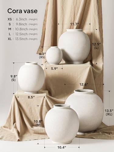 White Ceramic Vase - Large 13.5 Inch Round Floor Vase for Centerpieces, Farmhouse Flower Vases, Rustic Minimalist Home Decor (Sandstone White) - color: Sandstone White, size: 13.5 Inch