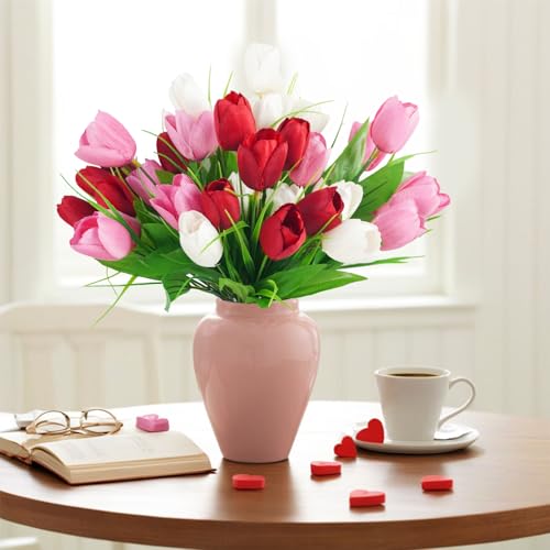 obbsie 6 pcs Tulips Artificial Flowers, Artificial Red White Pink Tulips Flowers Real Touch Silk Flower for Wedding Party Home Table Decor