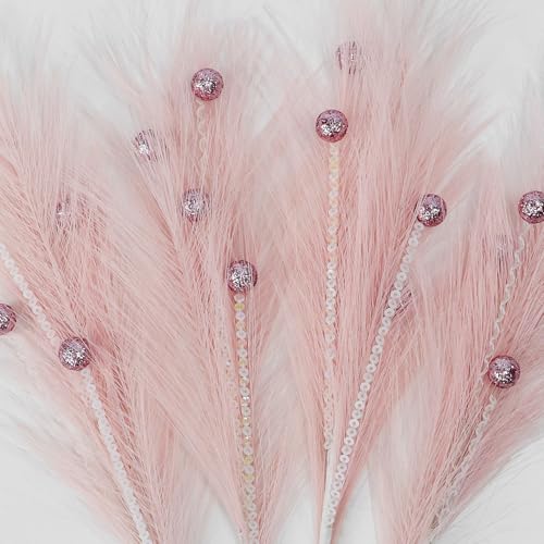 Christmas Tree Picks Decorations Set of 4 Sequins Ball Sprays 17" Artificial Furry Reed Grass Stems Fluffy Pampas Branches Feather Tails for Vase Fillers Flower Arrangements Tree Topper (Pink) - color: Pink