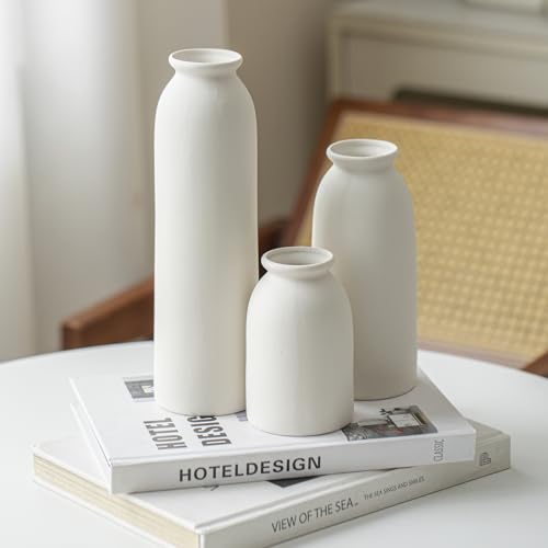 Ceramic Vase Set-3, Small Flower Vases for Decor, Modern Boho Farmhouse Style, 10.3 Inch Tall, Bisque White Color, Decorative Vases for Pampas Grass, Dried Flowers and Fresh Flowers (L Natural White) - color: L Natural White