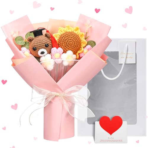Graduation Crochet Flower Bouquet Set Includes Knitted Bear Knitted Sunflower Daisy Eucalyptus Greeting Card Gift Bag 2026 Pink Flower Bouquet Graduation Gift - color: Pink, style: Knitted Bear and Sunflowers