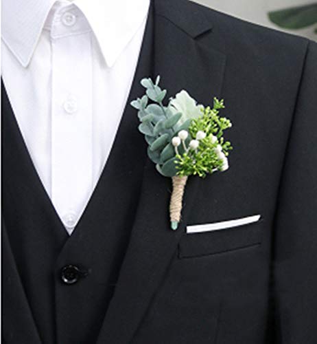 Green Eucalyptus Boutonniere for Men, Artificial Succulent Plant Leaves Realistic White Berry for Wedding Prom Homecoming Outdoor Events Decor 6 Pcs - color: Corsage a 6
