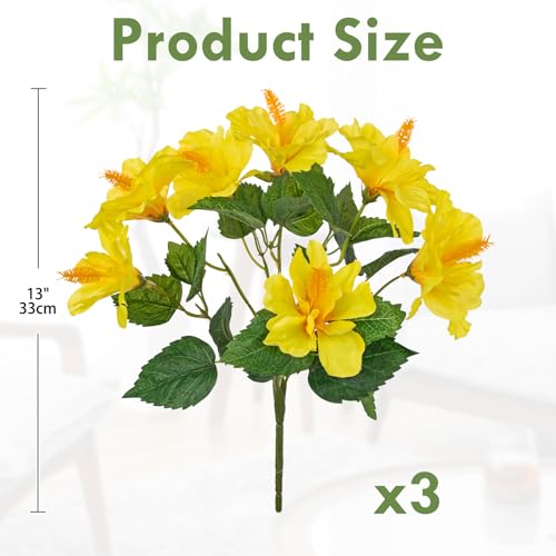 Briful 3 Bundles Artificial Hibiscus Flowers 13in, Short Faux Hibiscus Stems with Full Blooms, Silk Tropical Flowers for Small Vase, Hanging Basket, Centerpiece, Party, Indoor Outdoor Decor, Yellow - color: 3pcs Yellow