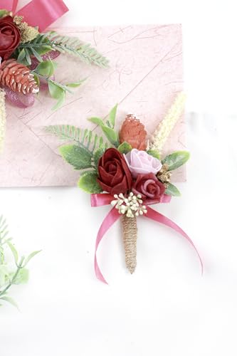 Blush Hot Pink Corsage and Boutonniere Set Wrist Corsage Wristlet for Prom Groom Flower Boutonniere for Men Wedding Party Homecoming Accessories Suit - color: Blush Hot Pink