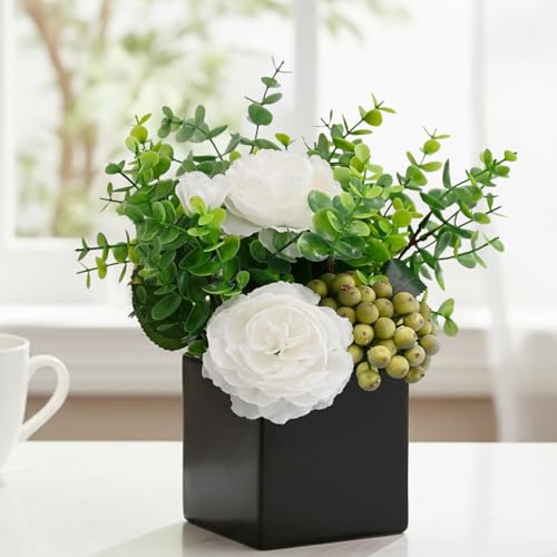 LADADA Artificial Flower Arrangement in Black Vase，Floral Centerpiece Table Decor - color: White+green