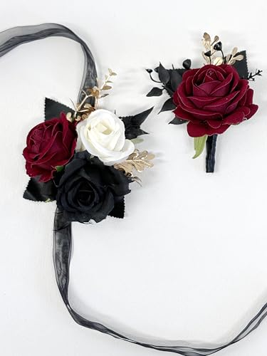 Wedding Flower Set with Rose Corsage and Boutonniere for Men (Black & Burgundy) - color: Black & Burgundy