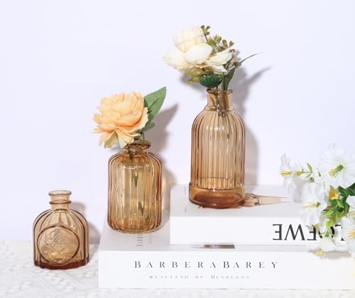 18pcs Amber Glass Bud Vase Set, Gold Small Flower Vases for Centerpieces in Bulk, Mini Vintage Vase for Home, Wedding, Table Decor - color: Amber, size: 18pcs