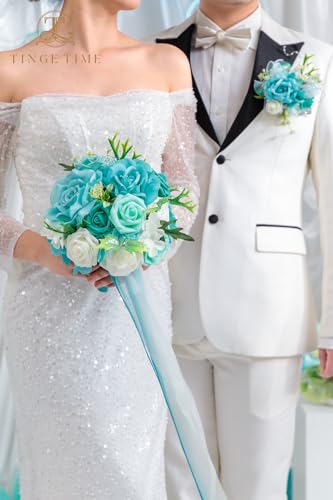 TINGE TIME 9 inch Bridal Bouquets for Bride, Artificial Silk Flowers Tossing Bouquet, Bride Bouquets for Wedding,Ceremony, Anniversary (TealBlue) - color: Teal Blue
