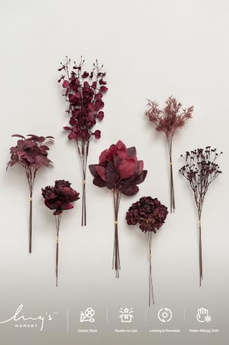 Ling's moment Artificial Greenery Stems Box Set, 35pcs with 7 Kinds of Faux Flowers Picks for DIY Bridal Bouquets Wedding Floral Arrangement Table Centerpieces, Moody Burgundy - color: Red-moody Burgundy