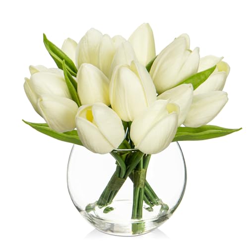 DILATATA Artificial White Tulips in Vase with Faux Water 6" Real Touch Flowers Fake Tulips Small Flowers Arrangement in Round Glass Vase for Mother's Day Table Centerpiece Wedding Home Decor - color: Round Vase/White/1 Set