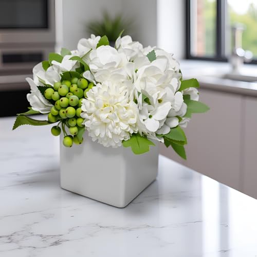 LADADA Flower in Ceramic vase, Artificial Hydrangea Flower Arrangement and vase Home Decoration Artificial Flower (White) - color: White Hydrangea