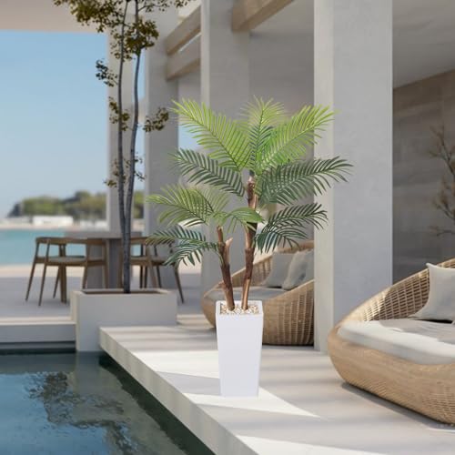 HAIHONG Artificial Palm Tree 5FT, Fake Tree with Realistic Fiber Trunks and White Tall Planter, Faux Tropical Areca Floor Plant in Pot, Artificial Silk Plant for Home Decor Office Living Room Decor