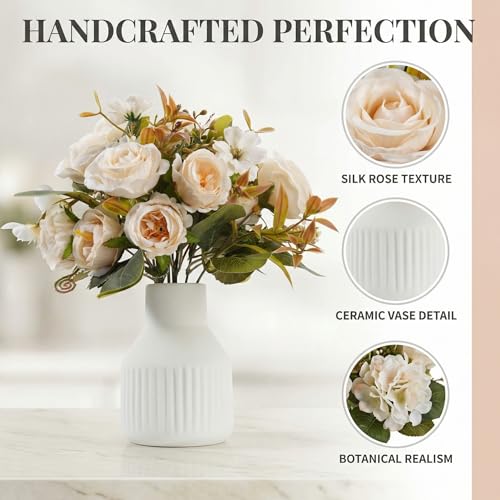 Small 10" Fake Fake Flowers in Vase Silk Roses Artificial Flowers in Ceramic Vase,Faux Flower Plant Arrangement for Home Office Farmhouse Bathroom Dining Table Centerpiece Decorations (White)