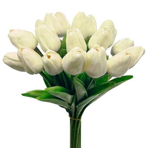 20 Pcs Tulips Artificial Flowers, 13.5'' Real Touch PU Fake Flowers Bouquet for Home Party, Spring Wedding Floral Arrangement, Valentine's, Easter and Mother's Day Decor (Cream) - color: Cream