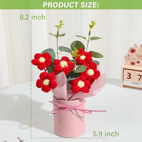 Vynora Crochet Flower Bouquet, Valentine's Day Crochet Bouquet of Flowers, Handmade Knitted Flowers with Card for Anniversary, Birthday, Wedding, Gift for Women (Red) - color: Red