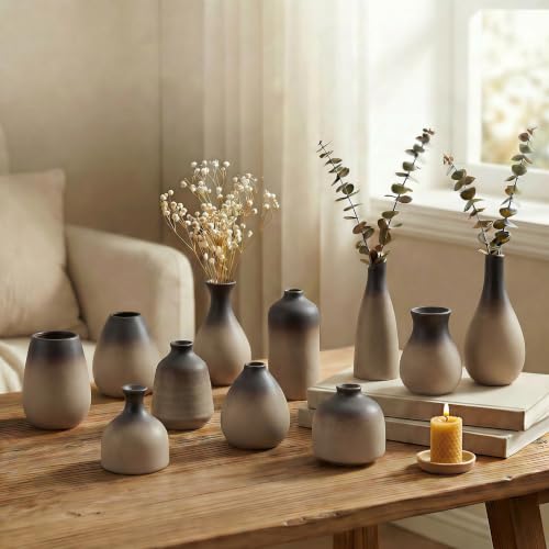 Ceramic Bud Vases, Rustic Small Vase Set of 11, Mini Pottery Vases for Flowers, Modern Farmhouse Home Decor, Clay Vases for Wedding Centerpiece, Shelf and Dinning Table Decoration - color: Vintage – 11-piece Set