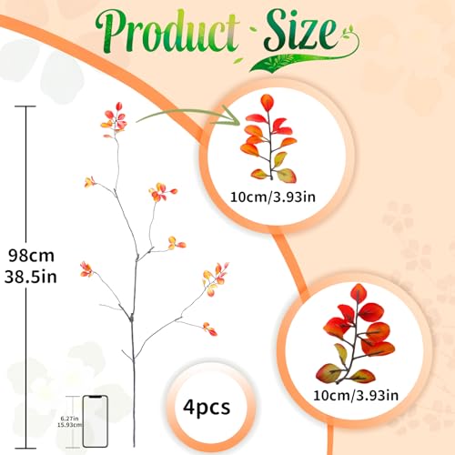 4 Pcs 38.5" Tall All-Orange Artificial Branches with Leaves, Realistic Faux Ficus Greenery Stems, Bendable Fake Plant Twigs for Tall Floor Vases, Home Centerpiece, Office & Spring Decor - color: Orange