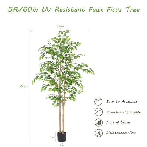 Nafresh Tall UV Resistant Ficus Tree Artificial，5ft(60in) Faux Ficus Tree with Realistic Smooth and Shiny Leaves， Fake Trees Indoor Outdoor for Home Office Living Room Bedroom Foyer Porch Decor. - size: 5ft