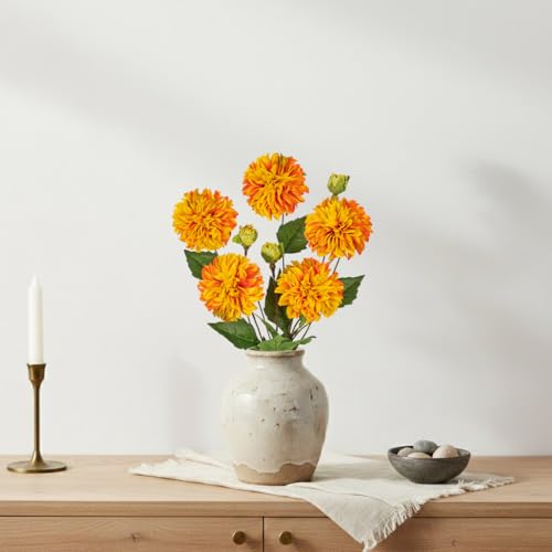 Hollyone Orange Dahlia Artificial Flowers 5Pcs Fake Dahlia Flowers for Decoration Silk Flower with Long Stem 17.7" Floral Arrangements Bouquets Indoors Outdoors Faux Dahlias Centerpieces Home Decor - color: Orange