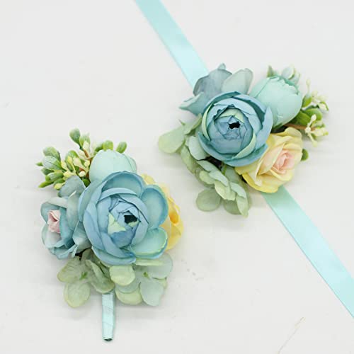 Corsage and Boutonniere Set, Handmade Artificial Peony Rose Wrist Corsage Wristlet and Groom Boutonniere for Men Wedding Prom Suit Decorations (Blue) - color: Blue