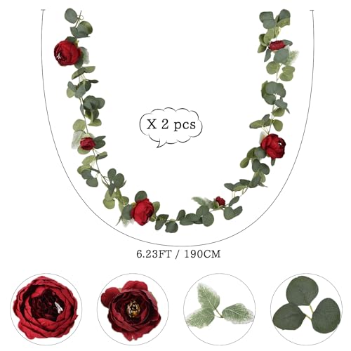 2 Pack Burgundy Artificial Flower Garland 6.2ft/Piece Vintage Eucalyptus Rose Garland with Fake Peonies Silk Fake Floral Vines for Wedding Arch Home Table Mantle Party Backdrop Decor (Burgundy) - color: Burgundy