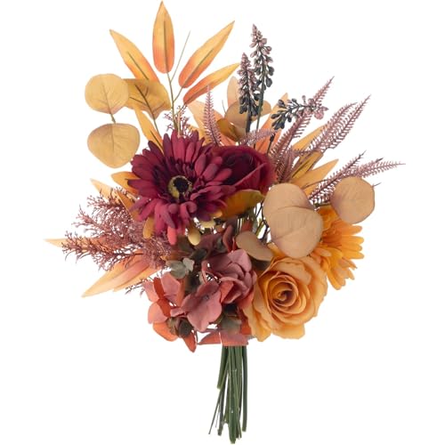 Fake Silk Flowers Bouquet Faux Centerpieces with Roses, Gerberas, Hydrangea etc, Realistic Artificial Floral Arrangements for Home Kitchen Decor - color: Autumn