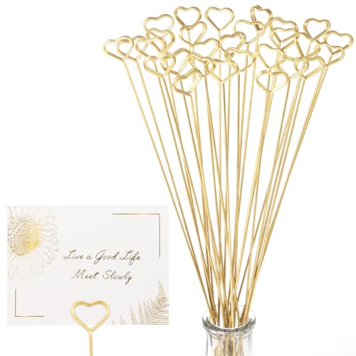 30Pcs Floral Card Holder Picks-Wire Place Card Holder for Wedding-Metal Photo Picture Clip Holder-Table Name Number Holder,Memo Note Holder for Flower Arrangement,Wedding,Baby Shower,Party,Decorations (Gold, Heart) - color: Gold, size: Heart