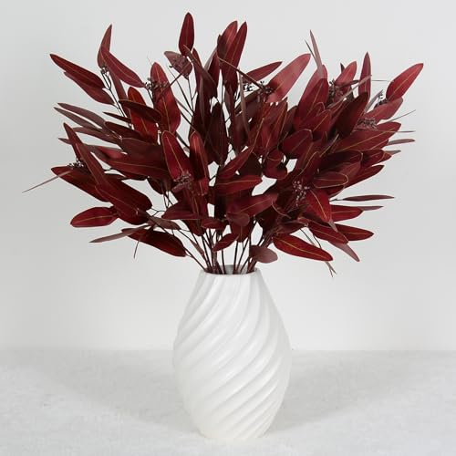 Ziwon Artificial Eucalyptus Stems Fall Decorations, Burgundy Faux Greenery for Vase Decor, Red Fake Eucalyptus Branches，32 inches, 4 Packs - color: Red