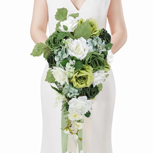 Serwalin 9.8 Inch Wedding Bouquets for Bride Bridesmaid, Spring Green Rose Bridal Bouquets for Bride, Wedding Flowers Bouquet Tossing Bouquet, Ceremony and Anniversary Decor - color: A Spring Green