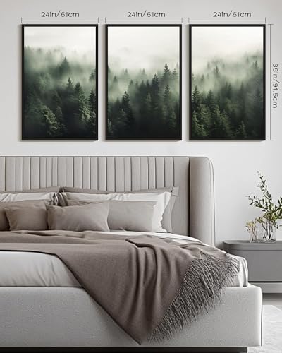 PHOPAGO Green Fog Pine Tree Framed Wall Art Huge 24x36in Nature Misty Nordic Forests Artwork Morden Paints for Living Room Bedroom Decor - Black Framed - color: Green Pine Forest, size: 36L" x 24W" x 3 Pcs Black